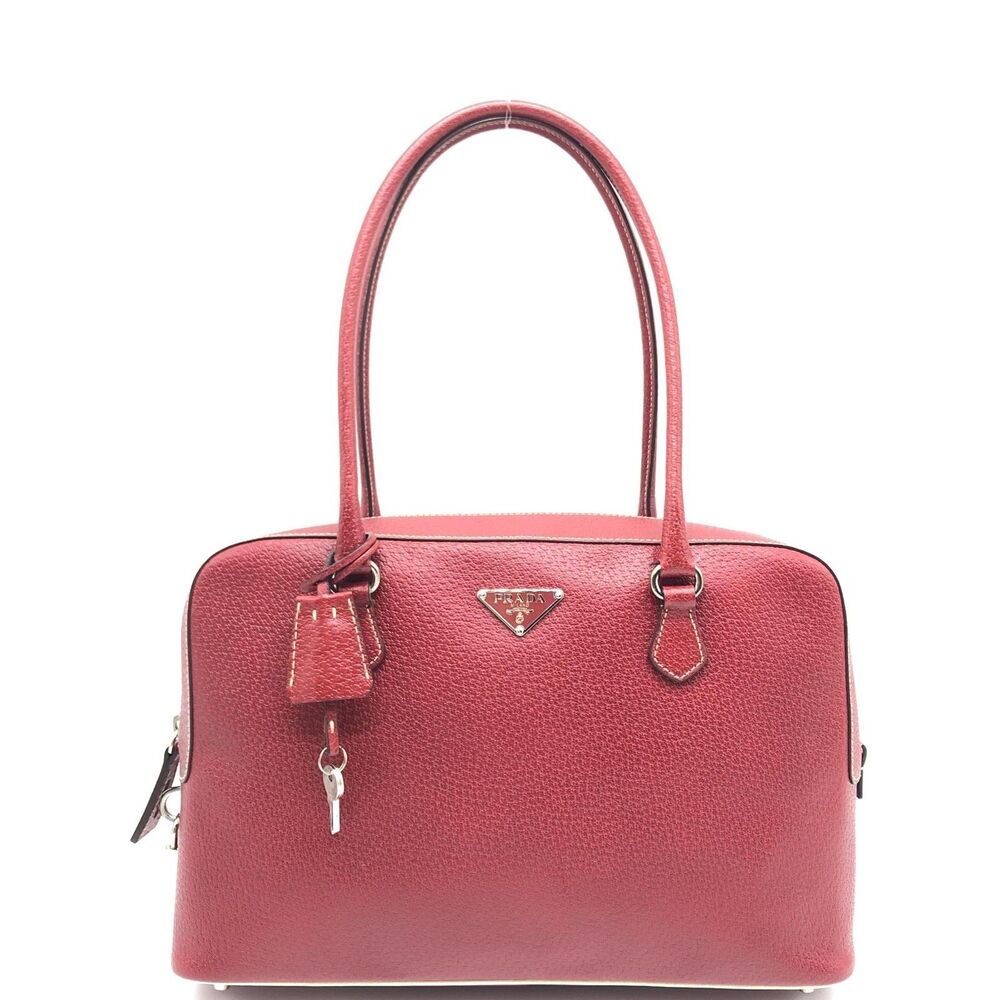 Prada Bauletto Bag Saffiano Red Leather Medium Sliver Hardware VTG Bowling bag